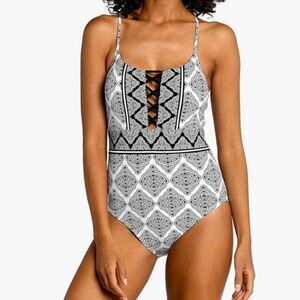 Nwt La Blanca Strappy Mio One Piece Swimsuit Black White Paisley